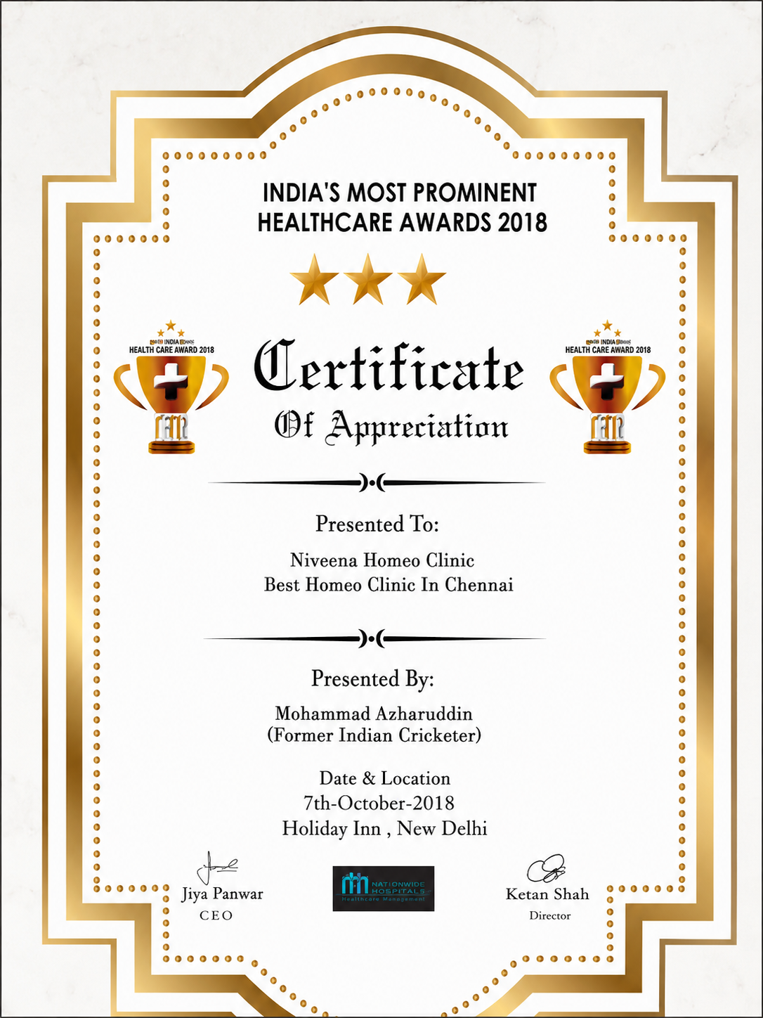 2018 healthcare award certificate presented to Niveena Homeo Clinic