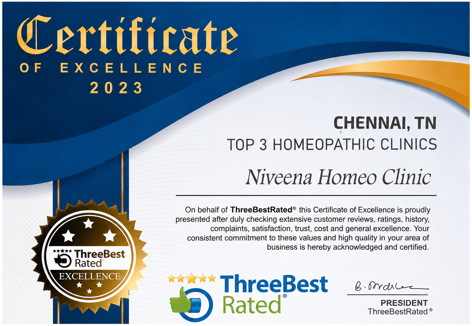 2023 ThreeBestRated Certificate of Excellence naming Niveena Homeo Clinic among Chennai's top three homeopathic clinics