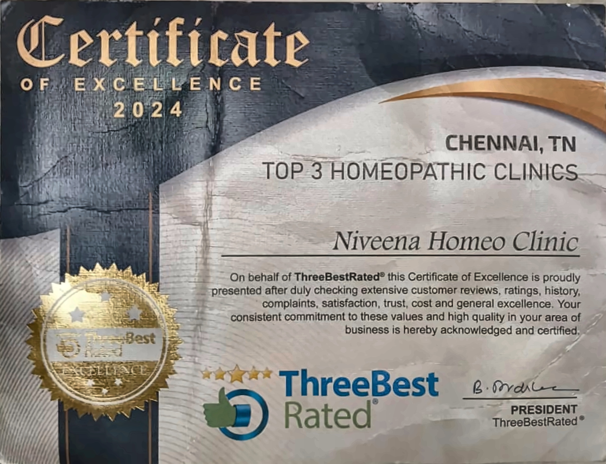 2024 ThreeBestRated Certificate of Excellence naming Niveena Homeo Clinic among Chennai's top three homeopathic clinics