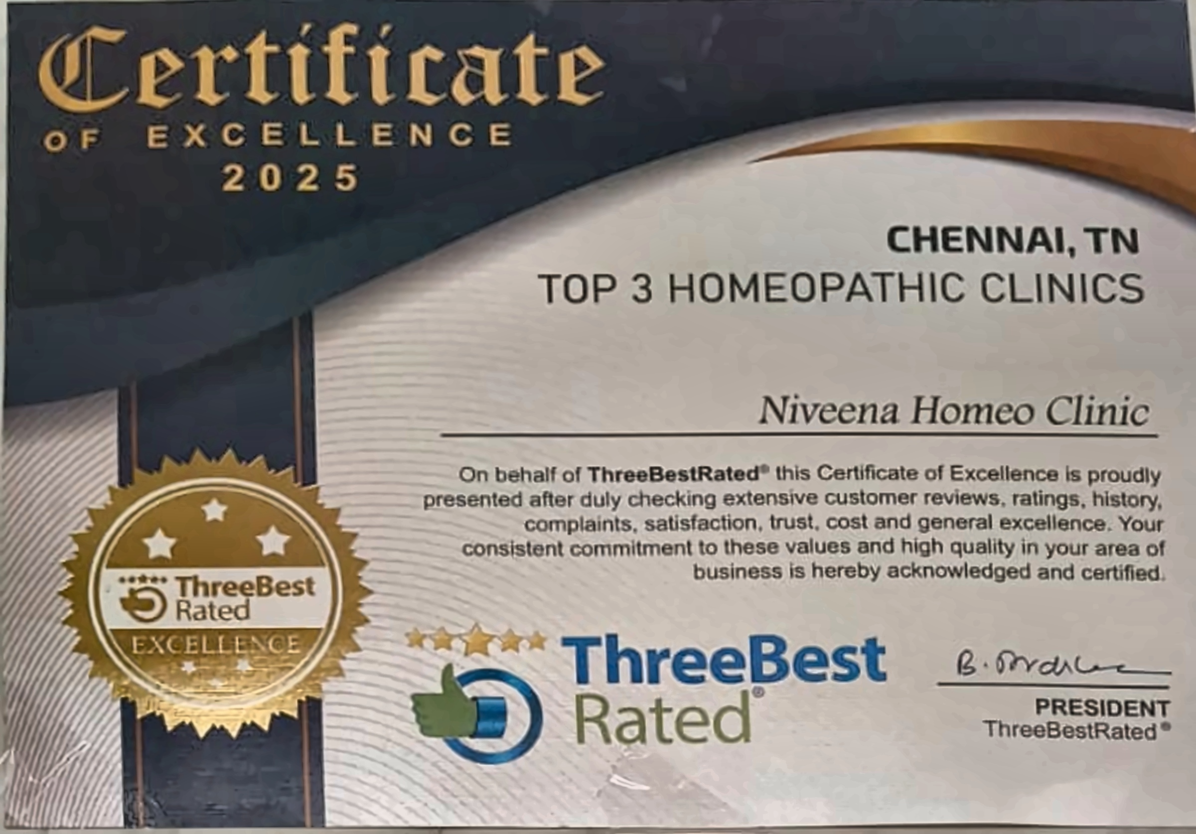 2025 ThreeBestRated Certificate of Excellence naming Niveena Homeo Clinic among Chennai's top three homeopathic clinics