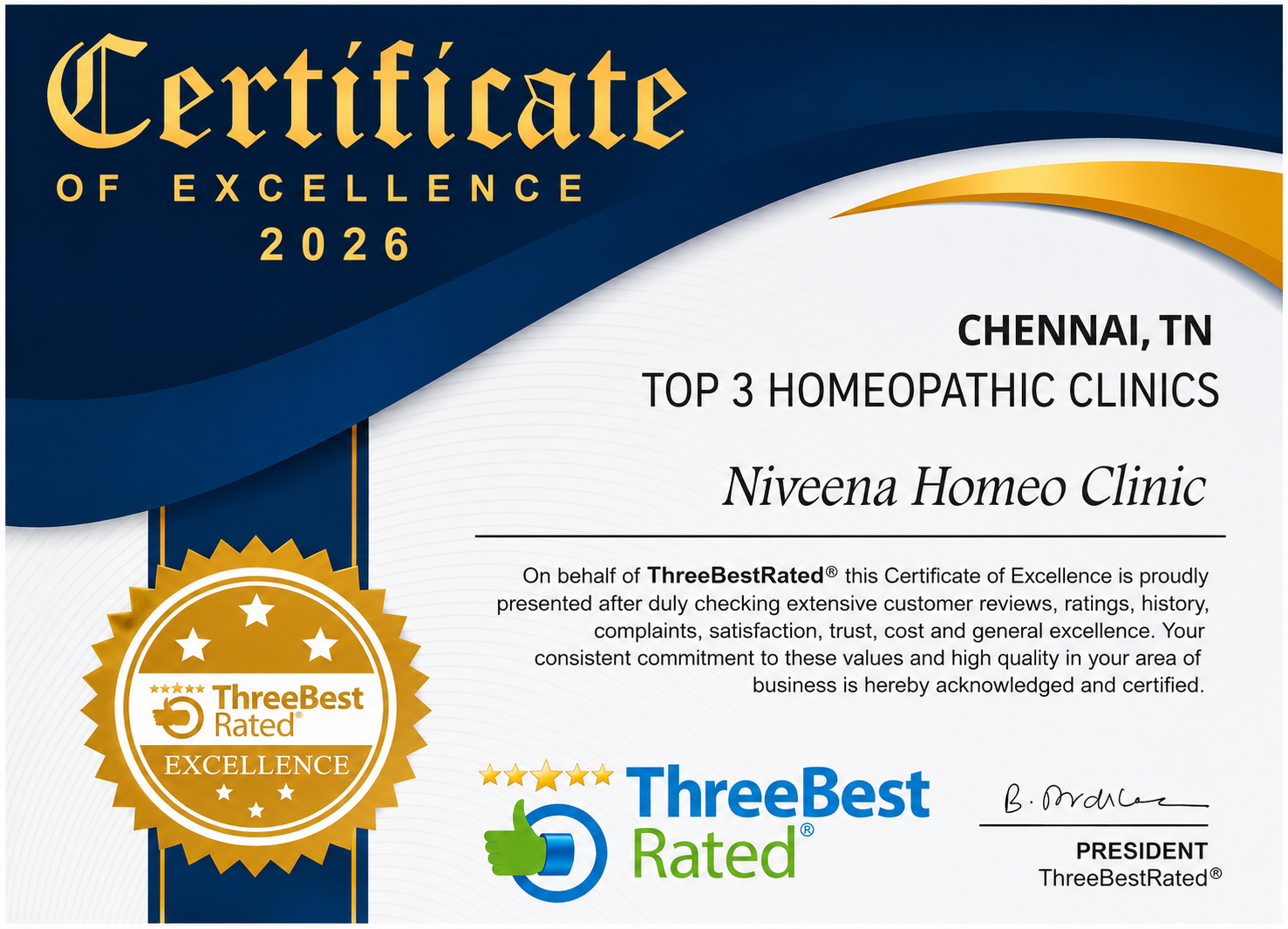 2026 ThreeBestRated Certificate of Excellence naming Niveena Homeo Clinic among Chennai's top three homeopathic clinics