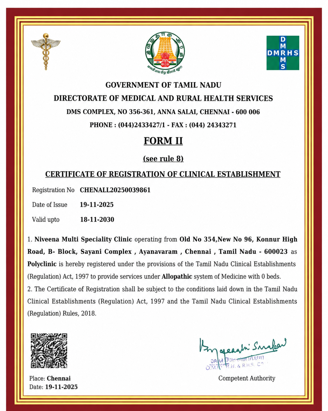 Government of Tamil Nadu certificate of registration for Niveena Homeo Clinic